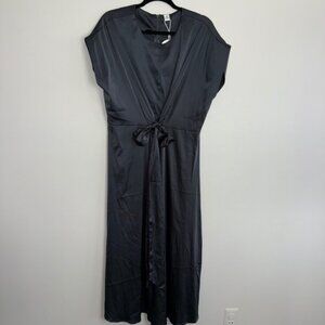 ANRABESS Black‎ Satin Midi Dress Tie Front Flutter Sleeve Zipper Back XL